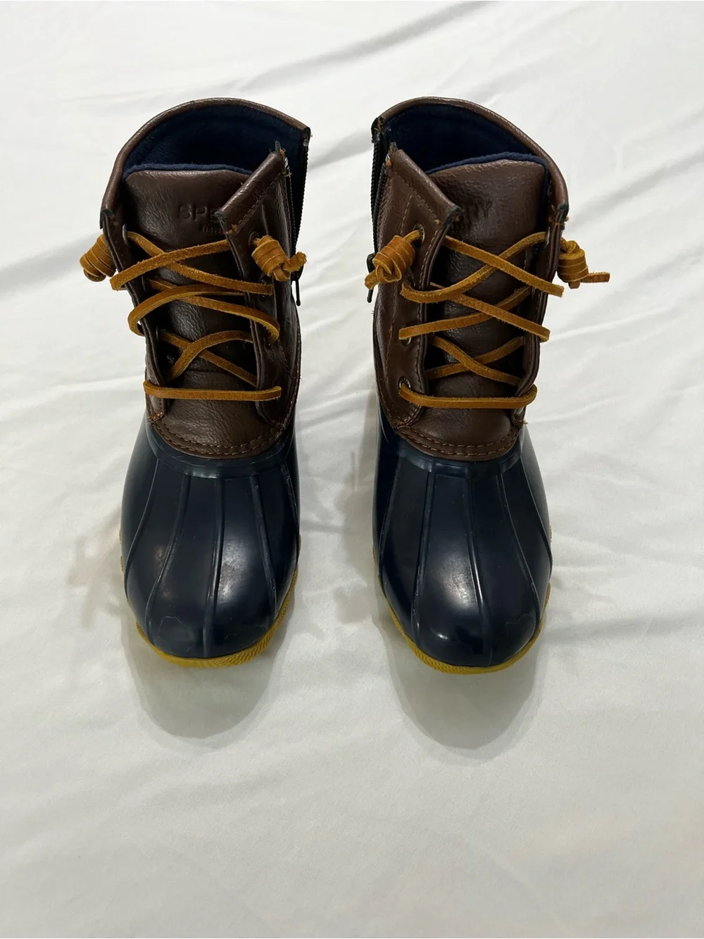 Sperry Navy and Brown Girls Waterproof Duck Boots Size 1 Minor Flaws
